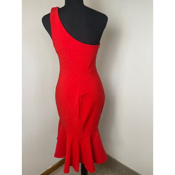 NWT Likely Women's Glam Chic Preppy Ruffle Hem One Shoulder Midi Dress Red 2 - Picture 2 of 11